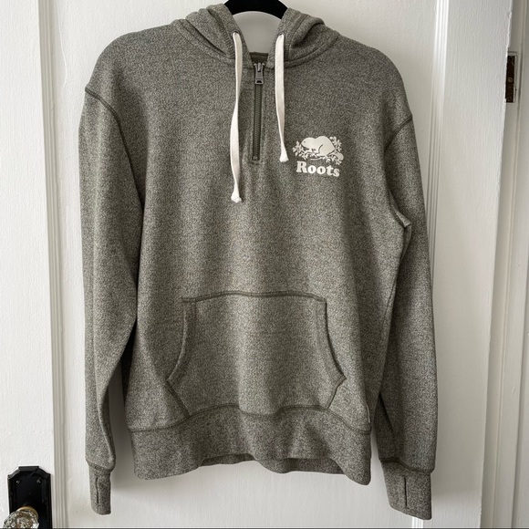 Roots 1/4 Zip Hooded Sweatshirt in Salt & Pepper Green - Picture 1 of 7